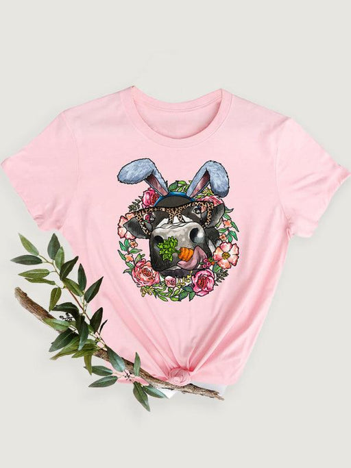 Women's Floral Print Graphic Happy Easter Rabbit Print Short Sleeve T-shirt-kakaclo-Pink-S-Très Elite