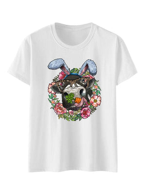 Women's Floral Print Graphic Happy Easter Rabbit Print Short Sleeve T-shirt-kakaclo-White-S-Très Elite