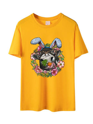 Women's Floral Print Graphic Happy Easter Rabbit Print Short Sleeve T-shirt-kakaclo-Yellow-S-Très Elite