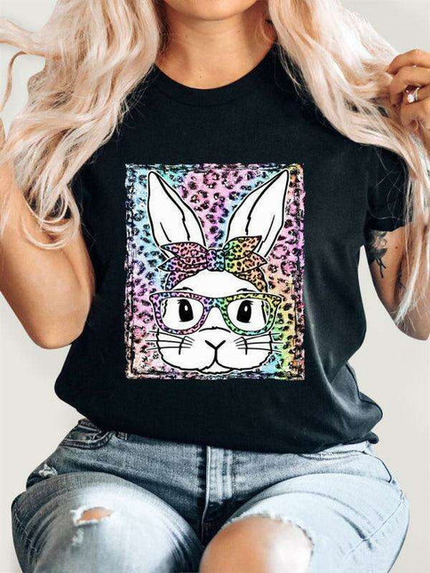 Stylish Leopard and Bunny Print Short Sleeve Tee for Effortless Chic