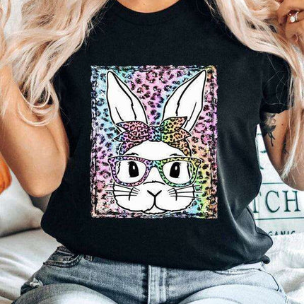 Stylish Leopard and Bunny Print Short Sleeve Tee for Effortless Chic