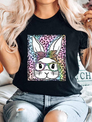 Women's Leopard Rabbit Graphic Print Short Sleeve T-shirt-kakaclo-Black-S-Très Elite