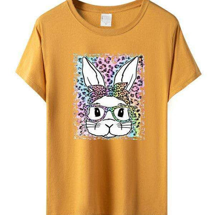 Stylish Leopard and Bunny Print Short Sleeve Tee for Effortless Chic
