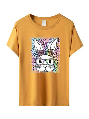 Women's Leopard Rabbit Graphic Print Short Sleeve T-shirt-kakaclo-Ginger yellow-S-Très Elite