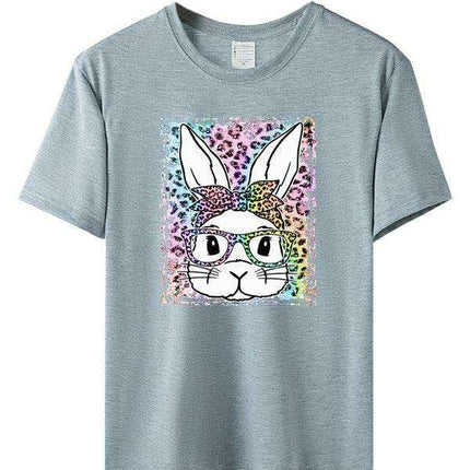 Stylish Leopard and Bunny Print Short Sleeve Tee for Effortless Chic