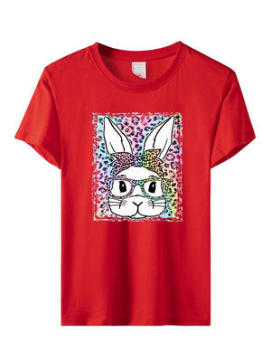 Women's Leopard Rabbit Graphic Print Short Sleeve T-shirt-kakaclo-Red-S-Très Elite