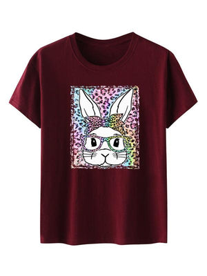 Women's Leopard Rabbit Graphic Print Short Sleeve T-shirt-kakaclo-Wine Red-S-Très Elite