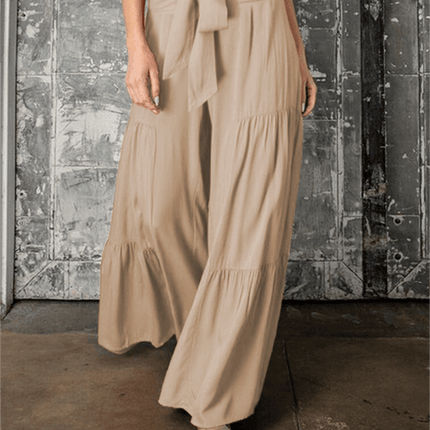 Chic Wide-Leg Cotton Pants with Stylish Woven Straps