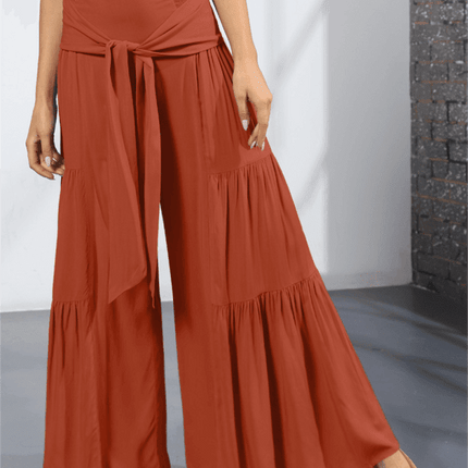 Chic Wide-Leg Cotton Pants with Stylish Woven Straps