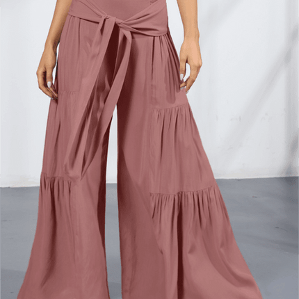 Chic Wide-Leg Cotton Pants with Stylish Woven Straps