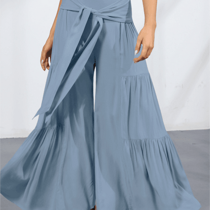Chic Wide-Leg Cotton Pants with Stylish Woven Straps