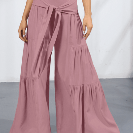 Chic Wide-Leg Cotton Pants with Stylish Woven Straps