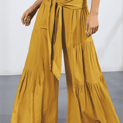 Chic Wide-Leg Cotton Pants with Stylish Woven Straps