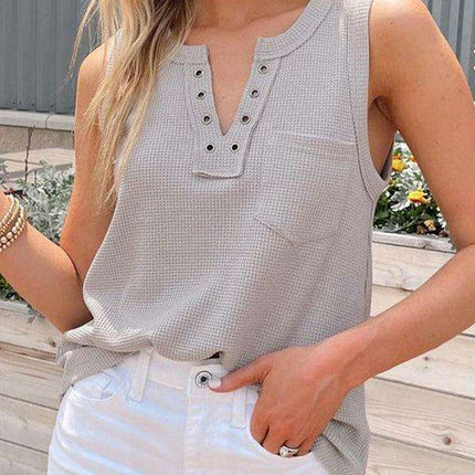 Chic Women's Black Lace-Up V-Neck Waffle Knit Tank Top for Effortless Style