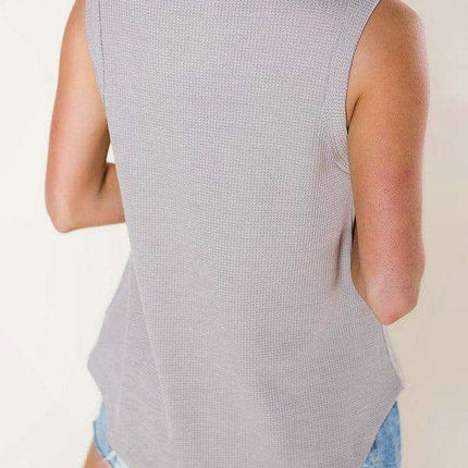 Chic Women's Black Lace-Up V-Neck Waffle Knit Tank Top for Effortless Style