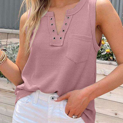 Chic Women's Black Lace-Up V-Neck Waffle Knit Tank Top for Effortless Style