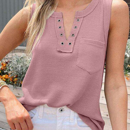 Chic Women's Black Lace-Up V-Neck Waffle Knit Tank Top for Effortless Style