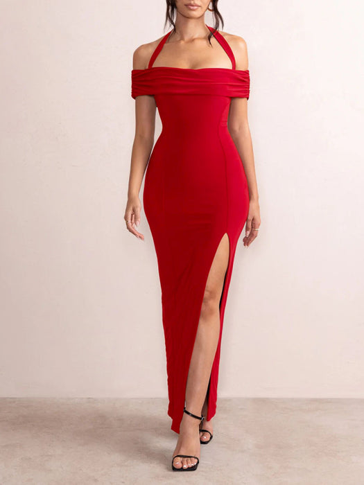 Daring Solid Color Off-the-Shoulder Halter Neck Slit Dress for Women