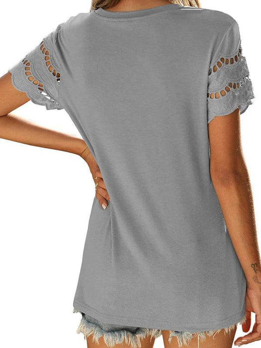 Elegant Herringbone Lace Sleeve Knit Top with Leisure Style for Women