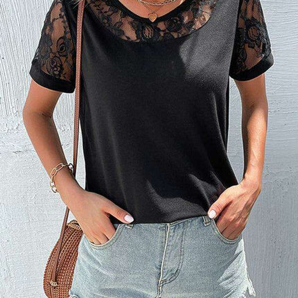Lace Yoke Short Sleeve Blouse - Elegant Casual Top for Women