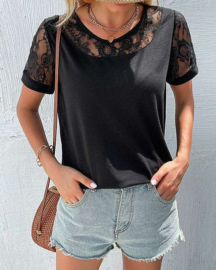 Lace Yoke Short Sleeve Blouse - Elegant Casual Top for Women