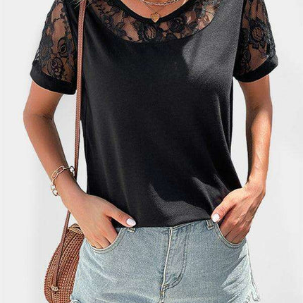Lace Yoke Short Sleeve Blouse - Elegant Casual Top for Women