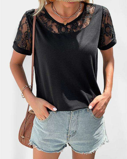 Lace Yoke Short Sleeve Blouse - Elegant Casual Top for Women