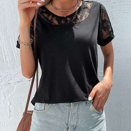 Lace Yoke Short Sleeve Blouse - Elegant Casual Top for Women