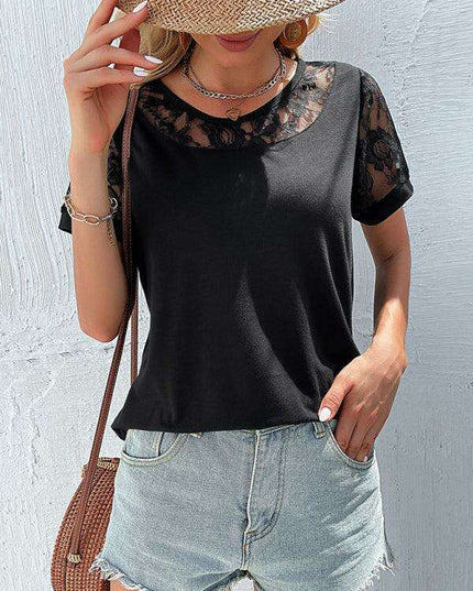 Lace Yoke Short Sleeve Blouse - Elegant Casual Top for Women
