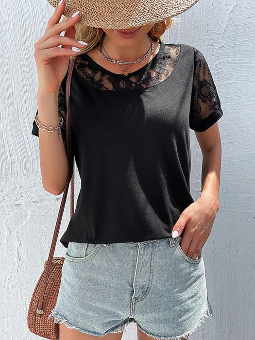 Lace-Embellished Short Sleeve Blouse for Chic Women