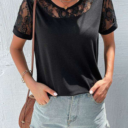 Lace Yoke Short Sleeve Blouse - Elegant Casual Top for Women