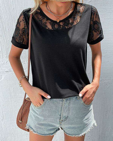 Lace Yoke Short Sleeve Blouse - Elegant Casual Top for Women