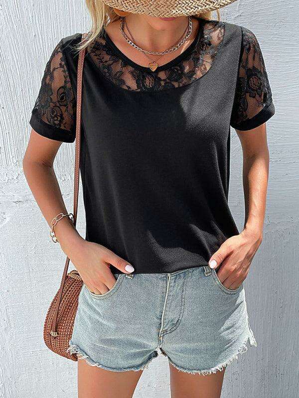 Lace Yoke Short Sleeve Blouse - Elegant Casual Top for Women