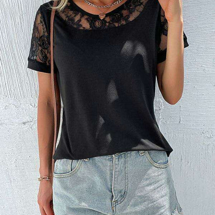 Lace Yoke Short Sleeve Blouse - Elegant Casual Top for Women