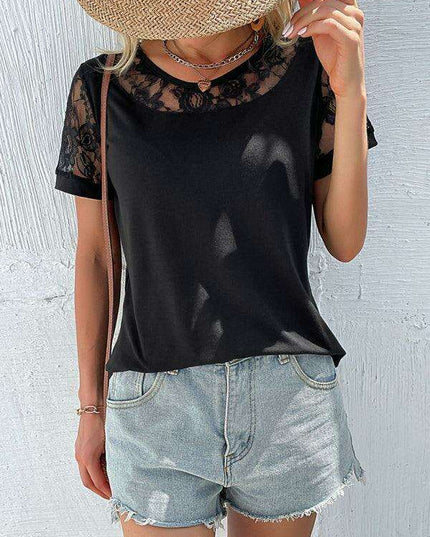 Lace Yoke Short Sleeve Blouse - Elegant Casual Top for Women
