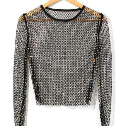 Rhinestone-Embellished Sheer Mesh Crop Top for Fashion-Forward Women