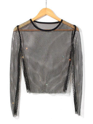 Women's Solid Color Embellished Sheer Fishnet Crop Top-Jakoto-Black-FREESIZE-Très Elite