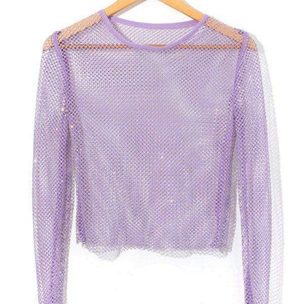 Rhinestone-Embellished Sheer Mesh Crop Top for Fashion-Forward Women