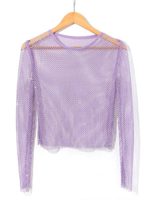 Women's Solid Color Embellished Sheer Fishnet Crop Top-Jakoto-Purple-FREESIZE-Très Elite