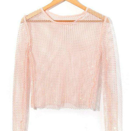 Rhinestone-Embellished Sheer Mesh Crop Top for Fashion-Forward Women