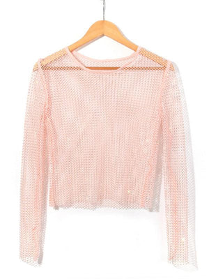 Women's Solid Color Embellished Sheer Fishnet Crop Top-Jakoto-Pink-FREESIZE-Très Elite
