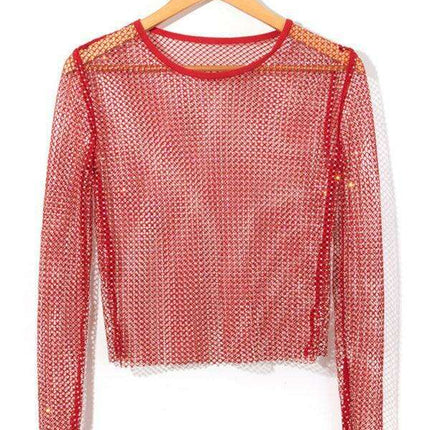 Rhinestone-Embellished Sheer Mesh Crop Top for Fashion-Forward Women