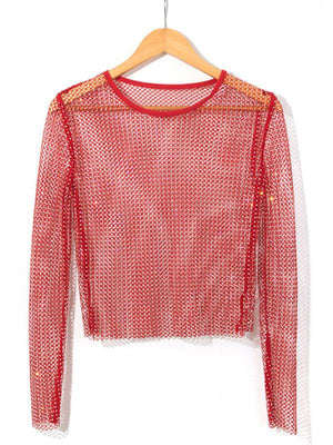 Women's Solid Color Embellished Sheer Fishnet Crop Top-Jakoto-Red-FREESIZE-Très Elite