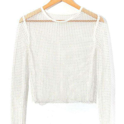 Rhinestone-Embellished Sheer Mesh Crop Top for Fashion-Forward Women