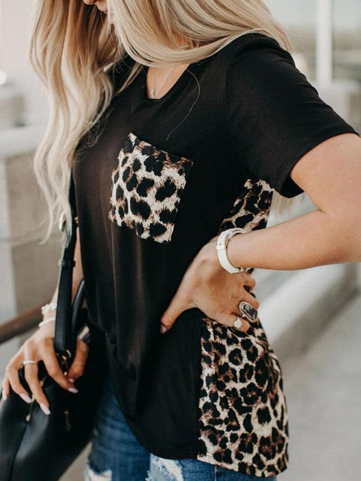 Leopard Print V-neck Short-sleeve Tee for Women
