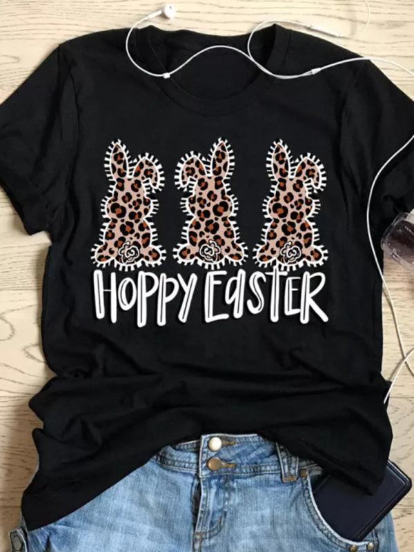 Women's Bunny With Leopard Print T-shirt Easter Short Sleeve Graphic Tees-kakaclo-Black-S-Très Elite