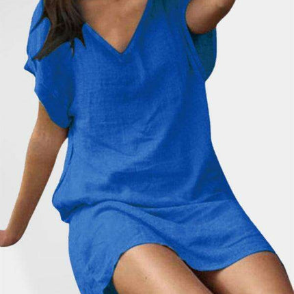 Vibrant Cotton Linen V-Neck Dress for Effortless Elegance