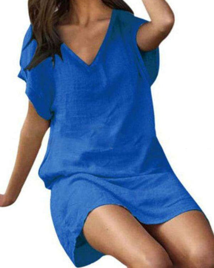 Vibrant Cotton Linen V-Neck Dress for Effortless Elegance