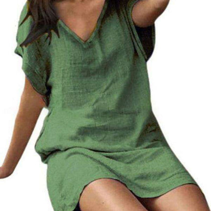 Vibrant Cotton Linen V-Neck Dress for Effortless Elegance