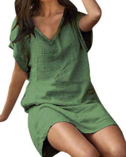 Vibrant Cotton Linen V-Neck Dress for Effortless Elegance